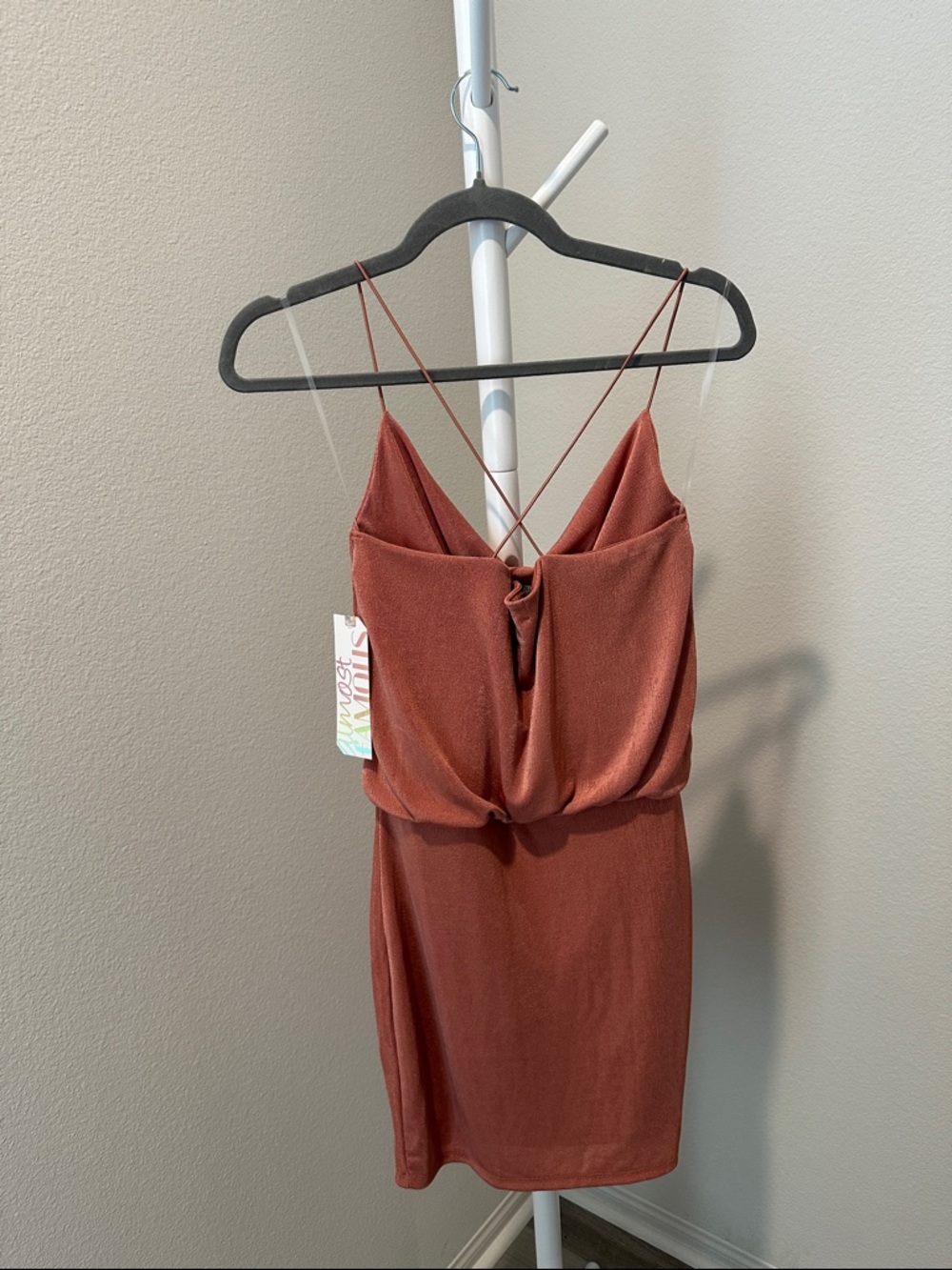 Almost Famous Rust Orange Cowl Neck Mini Dress with Crisscross Straps - Picture 2 of 3